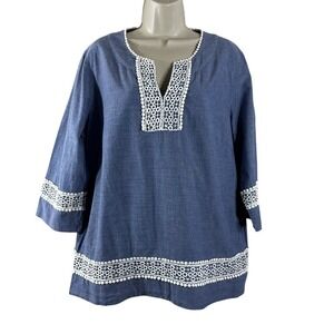 Boden Women's Top Blue Embroidered Cotton V neck Tunic Boho Blouse Size‎ 14
